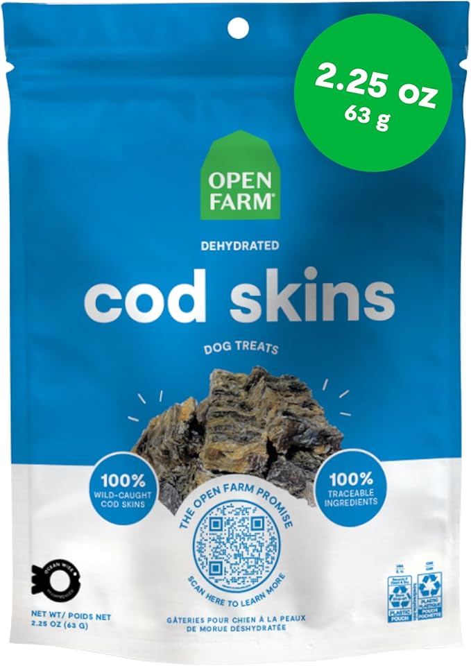 Open Farm, Dehydrated Dog Treats, High Protein & Low Carbohydrate Cod Skins, Crunchy Texture, Single Ingredient Wild-Caught Cod Skins Recipe, 2.25oz Pouch