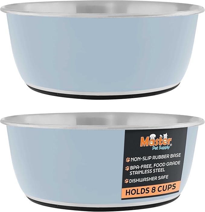 Master Pet Supply Stainless Steel Dog Bowls Set of 2 (64 Oz Each) with Non-Slip Rubber Base - Glacier Blue - Basic Dog Food Bowl Water & Food Bowls for Small Medium Large Dogs & Cats, Metal Dish