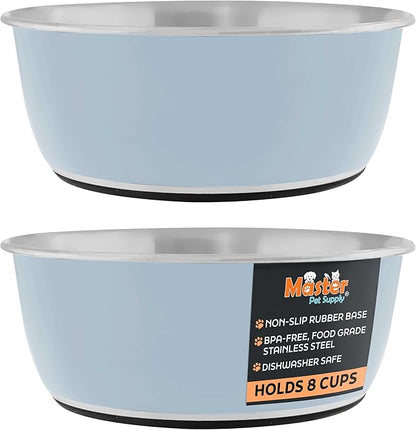 Master Pet Supply Stainless Steel Dog Bowls Set of 2 (64 Oz Each) with Non-Slip Rubber Base - Glacier Blue - Basic Dog Food Bowl Water & Food Bowls for Small Medium Large Dogs & Cats, Metal Dish