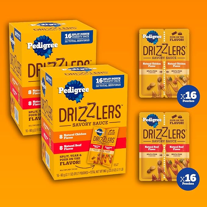 Pedigree Drizzlers for Dogs, Wet Dog Food Gravy Savory Sauce Multipack, 60g Dual-Serving Pouch, 16 Count, Pack of 2 (32 Pouches, 64 Servings Total)