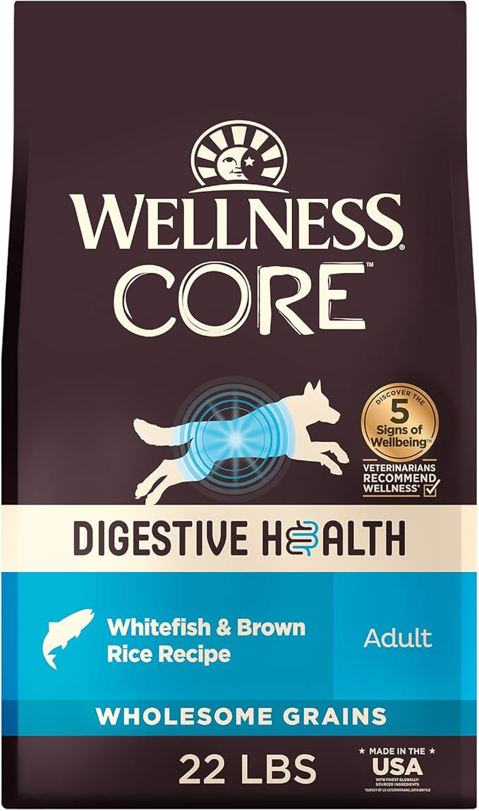 Wellness CORE Digestive Health Adult Dry Dog Food, Wholesome Grain Kibble, Sensitive Stomach, Natural, High Protein, Chicken Free, Whitefish and Brown Rice Recipe, 22 lb Bag