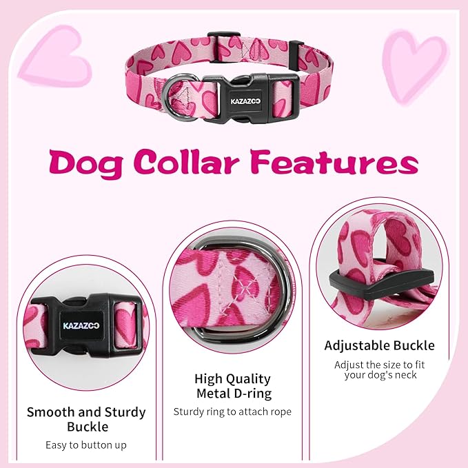 Kazazoo Dog Collar Cute and Soft Nylon Puppy Collar Girl, Adjustable Dog Collars for Small Medium Dogs, Hot Pink Heart-XS