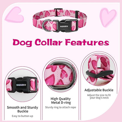 Kazazoo Dog Collar Cute and Soft Nylon Puppy Collar Girl, Adjustable Dog Collars for Small Medium Dogs, Hot Pink Heart-XS