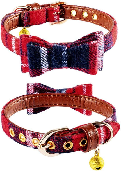 EXPAWLORER Dog Collar and Leash Set - Classic Plaid Dog Bow Tie and Dog Bandana Collar with Bell, Dog Leash Tangle Free, Adjustable Collars for Small Medium Large Dogs Cats, Holiday Ideal Gift