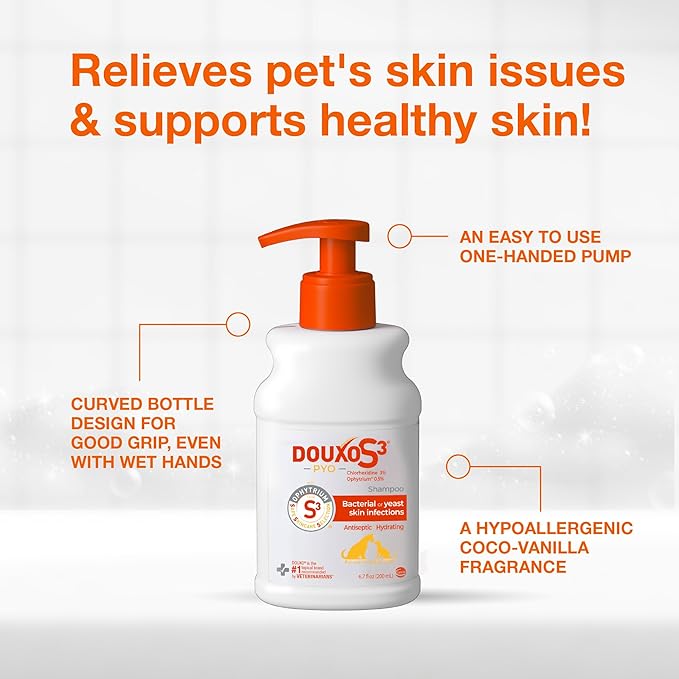 Douxo S3 Pyo Shampoo, Contains 3% Chlorhexidine & 0.5% Ophytrium, Antiseptic & Hydrating, For Bacterial or Yeast Skin Infections, For Dogs and Cats, 6.7 fl. oz. (200mL)