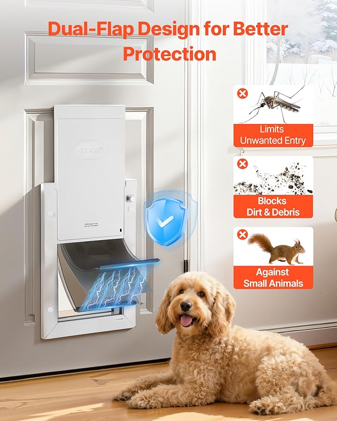 VEVOR Pet Door, Medium, with Three Magnetic Flaps and Metal Frame, Strong and Weatherproof Dog Door for Interior and Exterior Doors, Easy to Install, Easy in-and-Out Access for Doggies, White