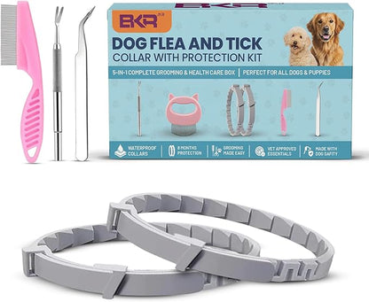 Dog Flea and Tick Collar 8-Month Protection All Natural Flea Collar for Dogs & Puppies with Flea Comb, Shell Comb, Tick Tweezers & Tick Removal Tool | 5-in-1 Dog Flea Collar & Protection Kit