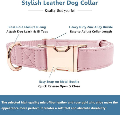 Soft Leather Dog Collar and Leash (6.6') Set - Stylish Rose Gold Heavy Duty Metal Buckle, 4 Adjustable Lengths Leash for Small Medium Large Dogs - Comfortable & Easy to Clean Pink L(15.4"-24.8")