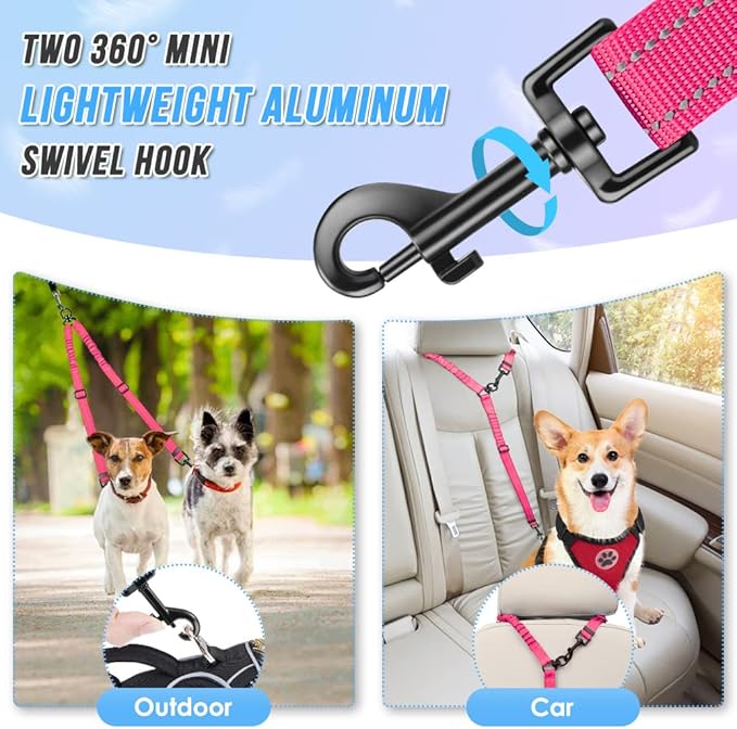 AUTOWT Double Dog Leash, No Tangle 360°Swivel Rotation Reflective Lead Attachment Adjustable Length Dual Two Dogs Lead Splitter, Comfortable Shock Absorbing Walking Training for 2 Dogs