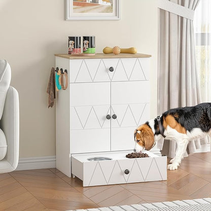 Pet Feeding Station with Storage, Raised Dog Bowls, Pet Feeder Cabinet, with Adjustable Shelves, Rolling Drawer, Hooks, for Feeding & Watering Supplies (Light)