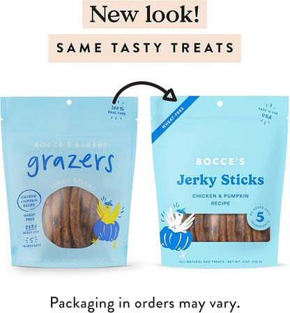 Bocce's Bakery Jerky Stick Dog Treats, Wheat-Free, Made with Limited-Ingredients, Baked in The USA with No Added Salt or Sugar, Natural & High-Protein, Chicken & Pumpkin, 4 oz