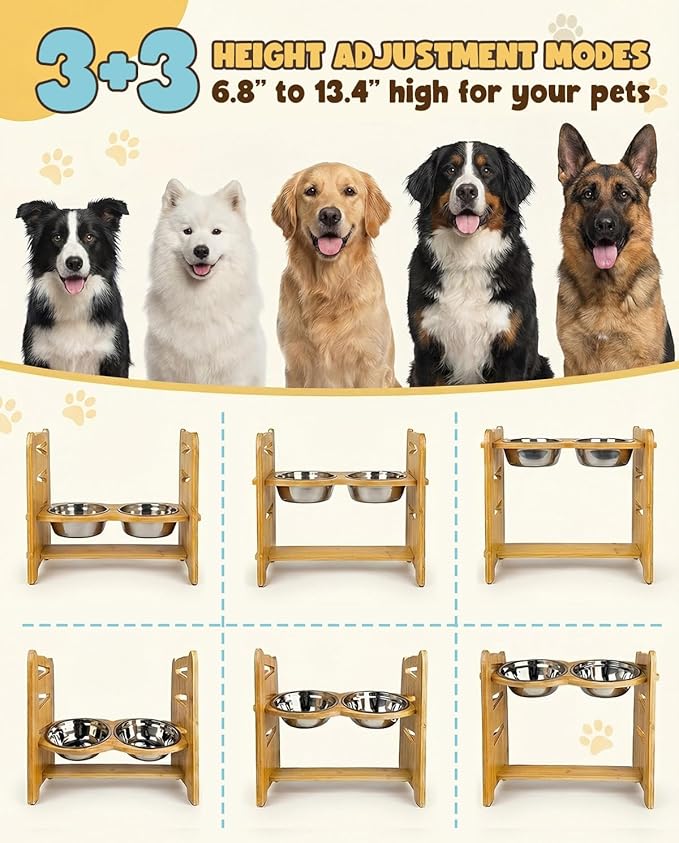 Jovrun Elevated Dog Bowls, Adjustable Raised Dog Bowl Stand for Medium Large Size Dogs, 15°Tilted Elevated Dog Bowls, Durable Bamboo Dogs Feeder with 2 Stainless Steel Bowls and Non-Slip Feet