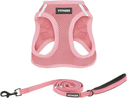 Best Pet Supplies Voyager Step-in Air All Weather Mesh Harness and Reflective Dog 5ft Leash Combo with Neoprene Handle, for Small, Medium and Large Breed Puppies - Set (Pink), XXX-Small