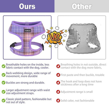 SCENEREAL No Pull Dog Harness with Leash Set for Small Dogs - Breathable Soft Mesh Vest, Plaid Design for Daily Walking Training, Fits Chihuahua Bulldog, Purple Size XS