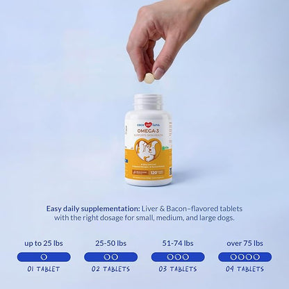 Omega 3 Fish Oil for Dogs - 120 Chewable Tablets - with Omega 3, 6, and 9, Vitamin E for Dog Shedding, Itchy, Dry Skin, Joint & Heart Support (Chewable Tablets)