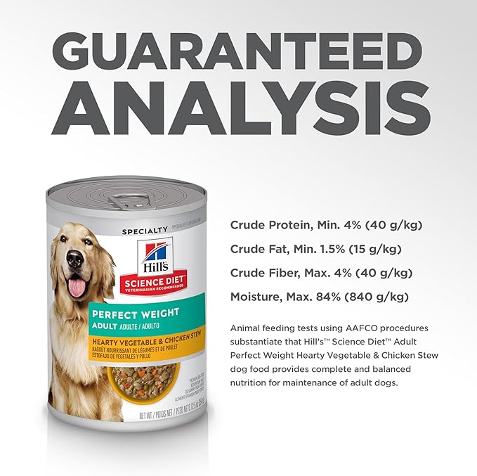 Hill's Science Diet Adult Perfect Weight Wet Dog Food, Hearty Vegetable & Chicken Stew in Gravy, 12.5 oz. Cans, 12-Pack
