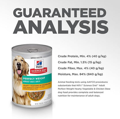 Hill's Science Diet Adult Perfect Weight Wet Dog Food, Hearty Vegetable & Chicken Stew in Gravy, 12.5 oz. Cans, 12-Pack