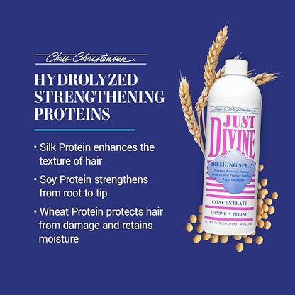 Chris Christensen Just Divine Dog Brushing Spray Concentrate, Groom Like a Professional, Prevents Brushing Damage, Light Detangler, All Coat Types, Made in USA, 16oz