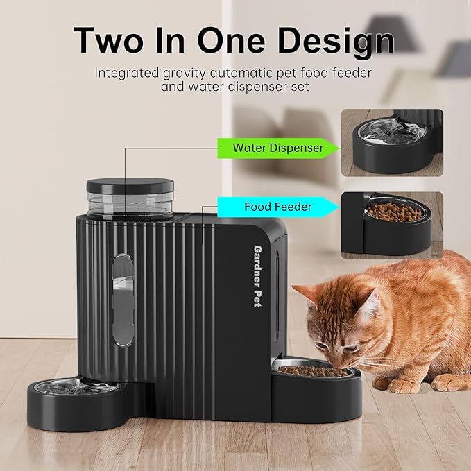 Gardner Pet Automatic Gravity Cat Food Feeder and Water Dispenser Stainless Steel Two-in-One Set Large Capacity Dispenser for Pets Dogs, Puppies, Kittens-(0.8 Gallons x 2)