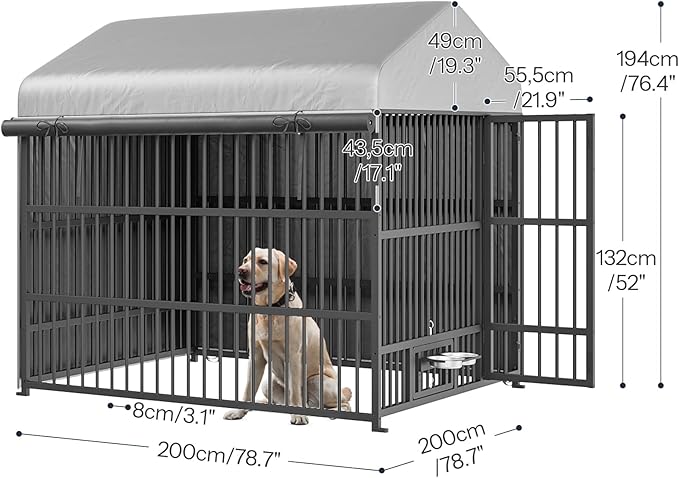 HOOBRO Outdoor Dog Kennel with Cover, 6.6 x 6.6 x 6.4 ft Dog Kennel Outside with Waterproof Roof and Rotating Feeding Bowls, Heavy-Duty Large Cage Enclosure, for Medium & Large Dogs, Black BK220GW03