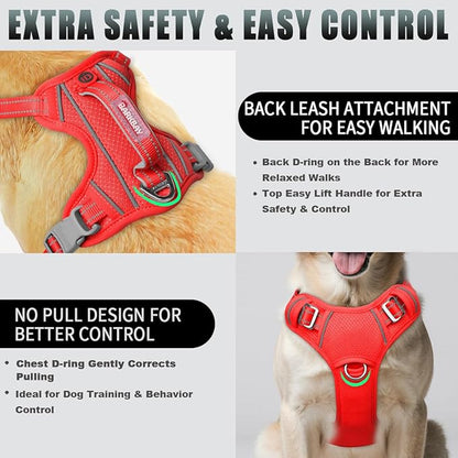 BARKBAY No Pull Dog Harness Large Reflective Dog Harness with Front Clip and Easy Control Handle for Walking Training Running with ID tag Pocket(Red,L)