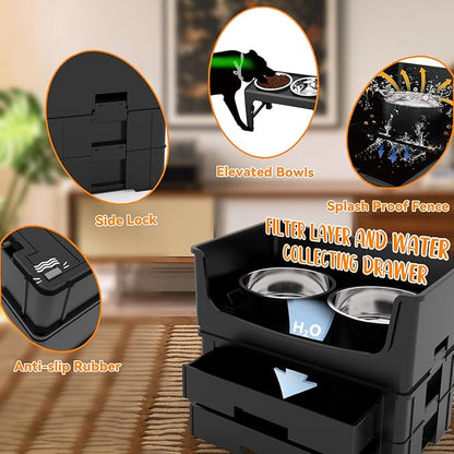 Mess Proof Pet Bowls, No Mess Dog Food and Water Bowl, Pet Feeding Station with 2 Stainless Steel, Spill-Proof Pet Feeder for Medium and Large Dog, Black