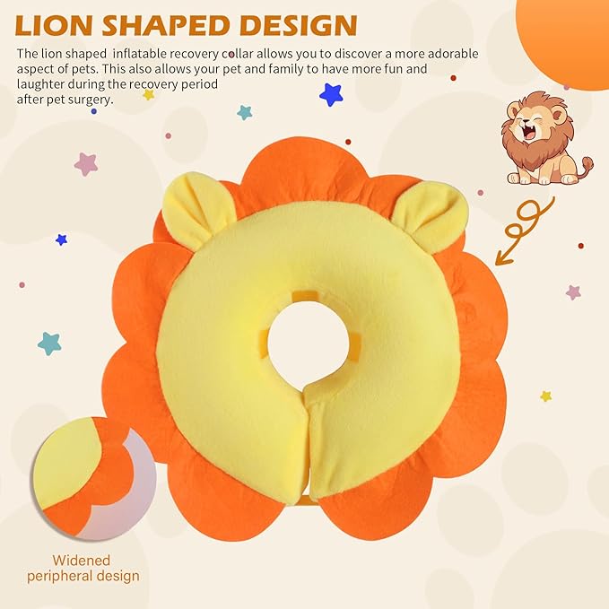 IEUUMLER Inflatable Recovery Dog Collar, Protective Donut Cone, Adjustable Soft Collar for Dog and Cat After Surgery Prevent from Biting & Scratching EU002 - Orange Lion L
