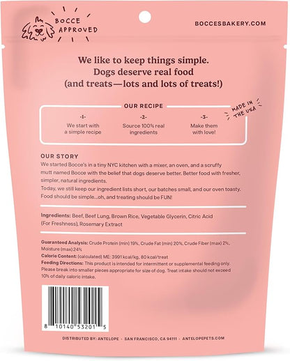 Bocce's Bakery Beefin’ Up Beef Jerky Protein Cuts Dog Treats – Natural & High-Protein, Wheat-Free, Made with Limited and Real Ingredients – Baked in The USA with No Added Salt or Sugar, Beef, 5oz