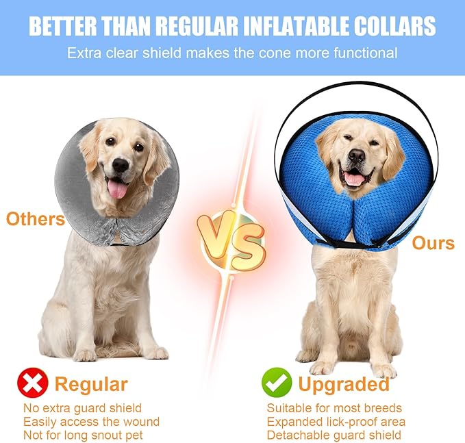 2-in-1 Soft Inflatable Dog Cone Collar Alternative with Enhanced Anti-Licking Guard Shield, Dog Collar After Surgery, Adjustable Recovery Cones for Large Medium Small Dogs and Cats (Blue,M)