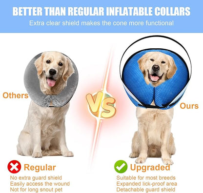 2-in-1 Soft Inflatable Dog Cone Collar Alternative with Enhanced Anti-Licking Guard Shield, Dog Donut Collar After Surgery, Adjustable Cones for Large Medium Small Dogs and Cats (Blue,L)