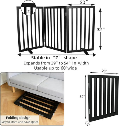 ZJSF Freestanding Indoor Dog Gate for House Foldable Wood Puppy Gate for Doorways Pet Gate for Stairs Extra Wide Pet Fence, Black, 32" Height 3 Panels