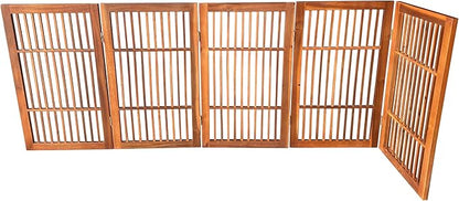 Urnporium Pet Dog Gate Freestanding, Strong Durable Folding Wooden Fence, Portable Acacia Hardwood Safety Barrier for Indoor & Outdoor Use (Brown Pet Gate, 5 Panel 30" Tall)
