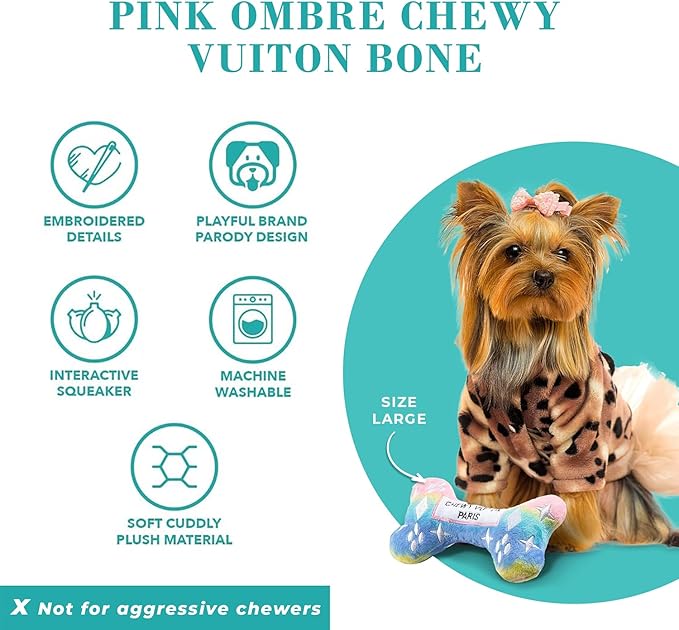 Haute Diggity Dog Chewy Vuiton Bone Plush Squeaky Dog Toy, Soft Durable Designer-Inspired Stuffed Puppy Chew Toys for Small & Medium Dogs, Machine-Washable (Pink Ombre) Small