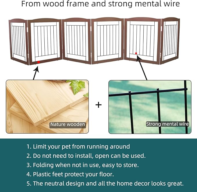ZJSF Freestanding Foldable Dog Gate for House Extra Wide Wooden Brown Puppy Gate Stairs Dog Gates Doorways Tall Pet Gate 24 "Height 6 Panels Pet Fence