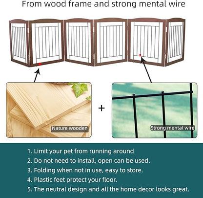 ZJSF Freestanding Foldable Dog Gate for House Extra Wide Wooden Brown Puppy Gate Stairs Dog Gates Doorways Tall Pet Gate 24 "Height 6 Panels Pet Fence