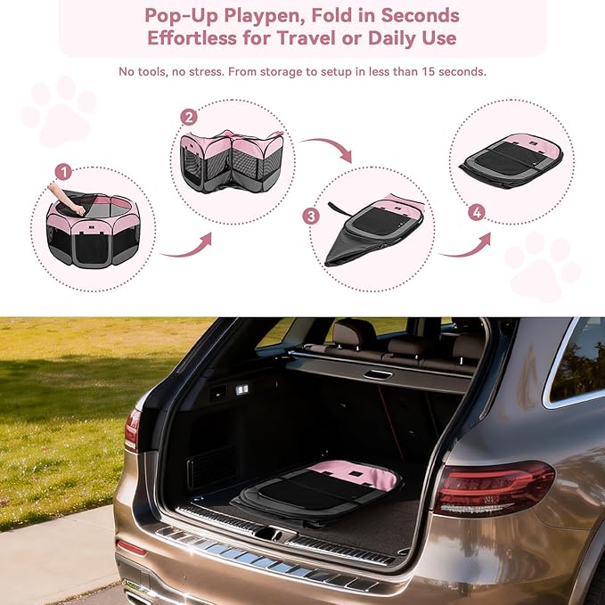 Dog Playpen for Small Dogs & Puppies, 50.39" Portable Indoor Outdoor Puppy Playpen with Bowl, Waterproof Floor, Foldable Pop-Up Pet Pen for Home, Travel & Daily Use, Pink+Grey