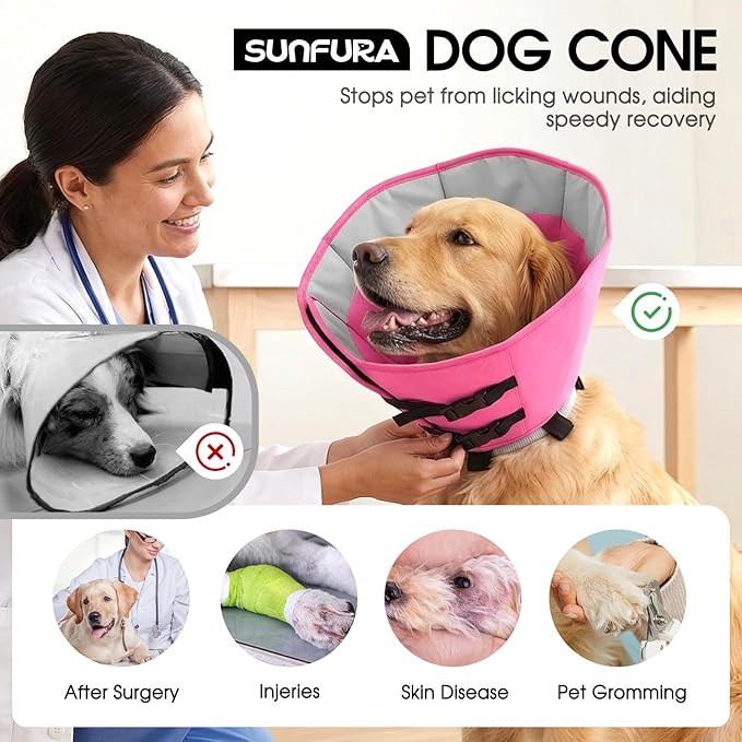 SUNFURA Dog Cone, Soft Cone for Dogs to Stop Licking, Dog E-Collar Alternative After Surgery for Medium Large Dogs, Pet Cones Collar for Wound Healing with Adjustable Buckle, Pink L