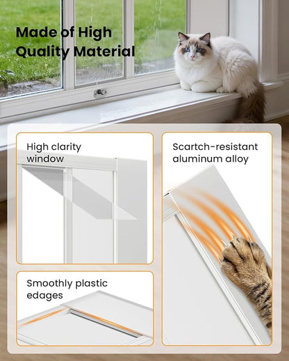 Upgraded Pet Cat Door for Window, Adjustable Width of 35"-46" Window Cat Door Insert, Quick Installation Pet Doors for Cats Small Dog with Aluminum Frame, Tight Seal, Safety & Weatherproof, HD Glass
