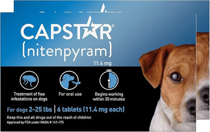 Capstar (Nitenpyram) Fast-Acting Oral Flea Treatment for Dogs 2-25 Lbs, Vet-Recommended Medication Tablets, Flea Tablets for Dogs Start Killing in 30 Minutes, 12 Doses (Includes Two 6-Count Boxes)