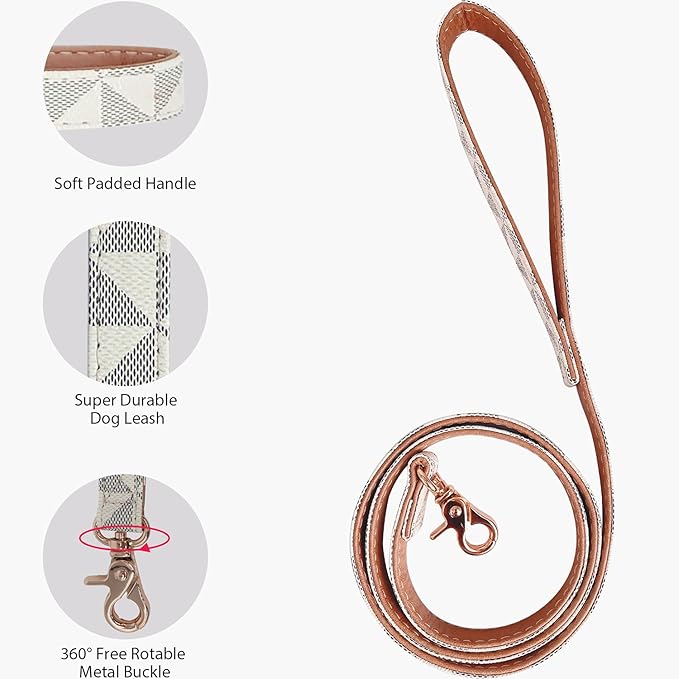 Dog Leather Collar and 4 ft Leash, KUDES Adjustable Basic Collar with Bell Checkered Pattern Durable Leather Collar and Leash with Metal Buckle for Small Medium Large Dogs