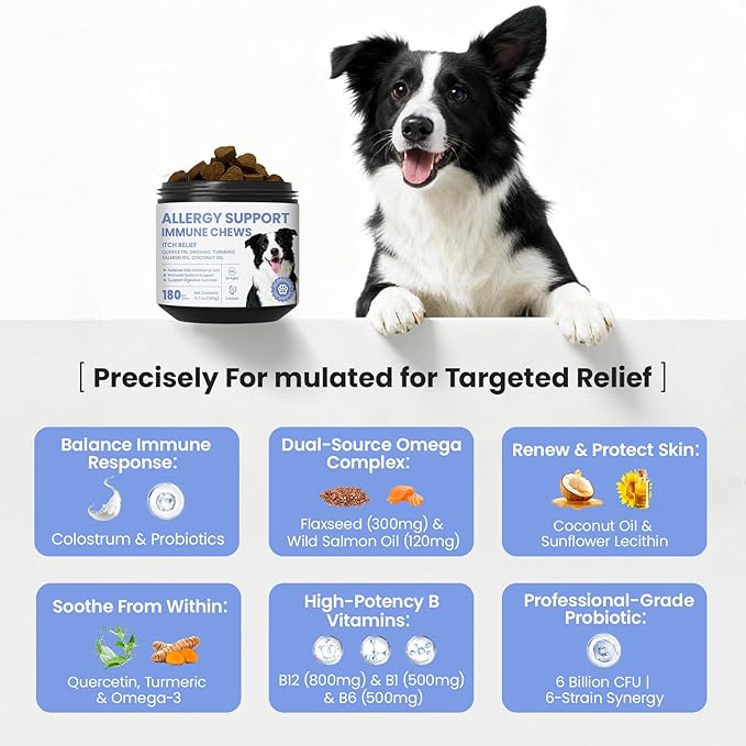 Dog Allergy Skin Relief Chews for Hotspot & Dry Skin, Itchy Skin Relief Supplement for Dog Paw Licking, Anti-Itch Soft Chews with Colostrum-Fish Oil-Probiotic to Boost Immune System 180ct