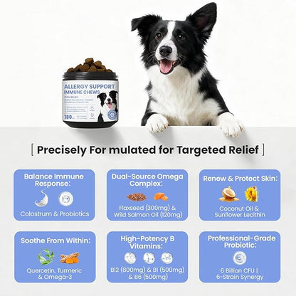 Dog Allergy Skin Relief Chews for Hotspot & Dry Skin, Itchy Skin Relief Supplement for Dog Paw Licking, Anti-Itch Soft Chews with Colostrum-Fish Oil-Probiotic to Boost Immune System 180ct