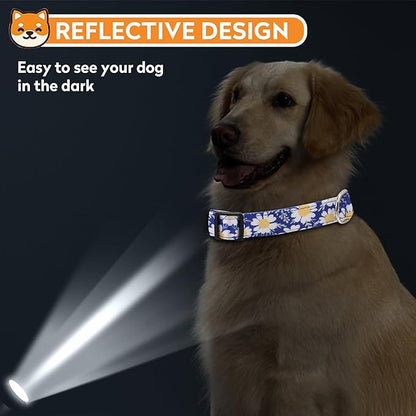 Reflective Dog Collar, Adjustable Soft Neoprene Padded Nylon Pet Collars with Buckle for Puppy and Small Dogs, Cats, Small Daisies Blue,XL