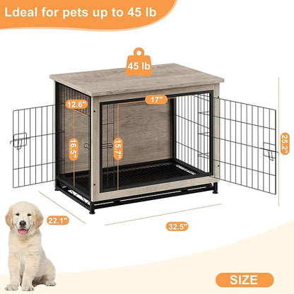 Vongrasig Dog Crate Furniture, Side End Table, Modern Wooden Kennel for Dogs Indoor, Heavy-Duty Dog Cage with Multi-Purpose Removable Tray, Double-Door Dog House, Grey