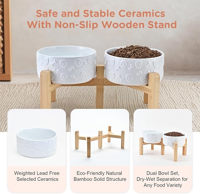SPUNKYJUNKY Elevated Dog Bowls Ceramic, 6.1'' Dogs and Cat Food Water Bowls Raised with Non-Slip Bamboo Stand for Medium Sized Breed Microwave Dishwasher Safe - 28.7 OZ,Skull White