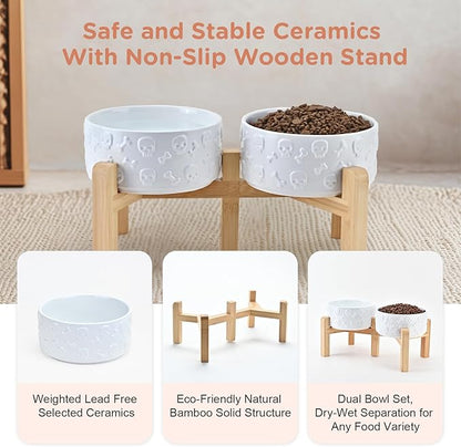 SPUNKYJUNKY Elevated Dog Bowls Ceramic, 6.1'' Dogs and Cat Food Water Bowls Raised with Non-Slip Bamboo Stand for Medium Sized Breed Microwave Dishwasher Safe - 28.7 OZ,Skull White