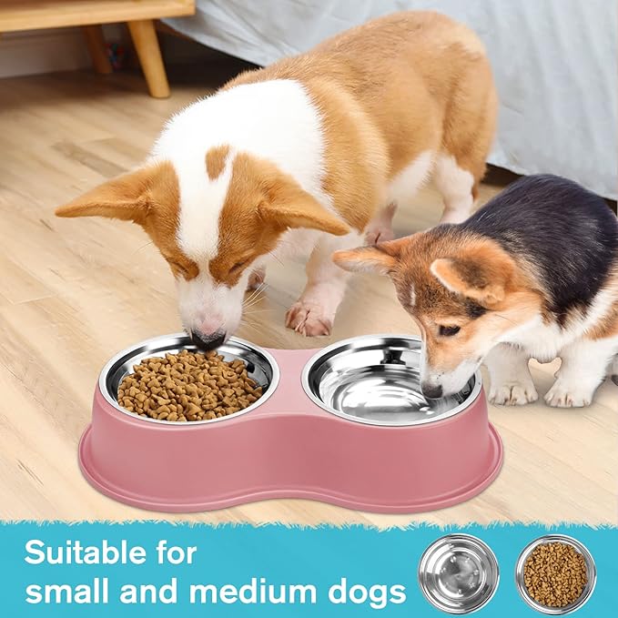 Epetslove Dog Bowls Double Dog Water and Food Bowls Stainless Steel Bowls with Non-Slip Resin Station, Pet Feeder Bowls for Puppy Medium Dogs Cats