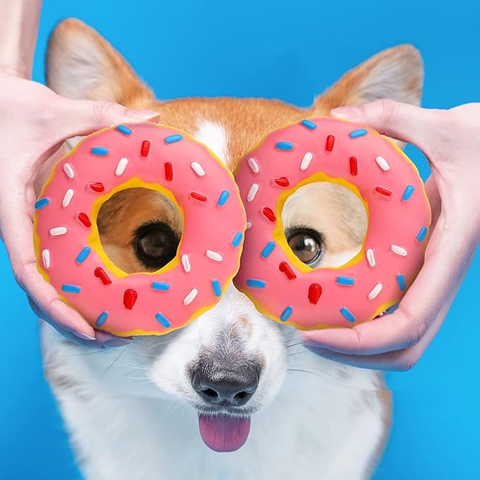 Leitee 3 Pieces 5.3 Inch Assorted Donut Dog Chew Toy with Squeakers Rubber Dog Toy Pink Yellow Black for Interactive Play Small to Medium Dogs Puppy Aggressive Chewers for New Year Gift