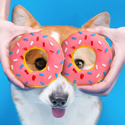 Leitee 3 Pieces 5.3 Inch Assorted Donut Dog Chew Toy with Squeakers Rubber Dog Toy Pink Yellow Black for Interactive Play Small to Medium Dogs Puppy Aggressive Chewers for New Year Gift