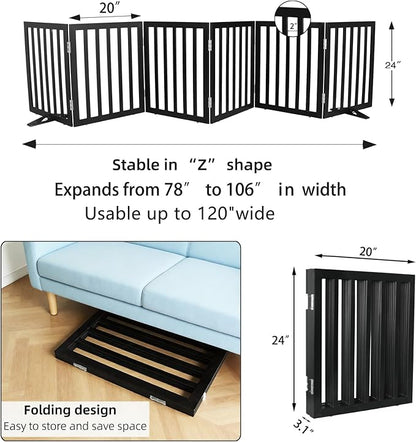 Dog Gate Indoor, Freestanding Dog Fence for The House, Doorways, Hallways,or Stairs,Pet Gate Foldable Wooden,Expandable 24" Height 6 Panels,Black